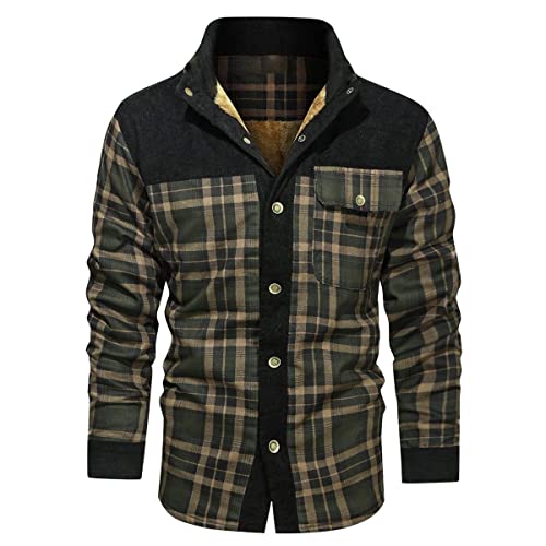 Oanviso Herren Karierte Mantel Freizeitjacke Corduroy Mantel mit Druckknopf Stehkragen Thermohemd Klassisches Karomuster Übergangsjacke mit Brusttasche Warme Plüsch Gefüttert Lässig Hemdjacke A05 L von Oanviso