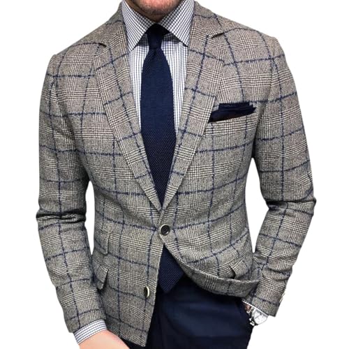 Oanviso Herren Karo Blazer Kariert Slim Fit Anzug Revers Stylish Scheckblazer Freizeit Sakkos für Männer Mantel aus Twill mit Knöpfen Klassisch Kariert Business Anzugjacken Herbst A Grau 3XL von Oanviso