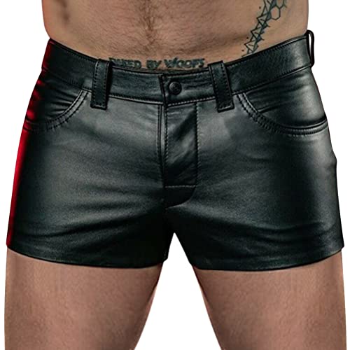 Oanviso Herren Kunstleder PU Leder Kurze Hose Freizeit Shorts Einfarbige Mehrfachtaschen Punkshorts Rave-Hot-Shorts Club Party Sexy PU Shorts Mittlere Taille Sommer Dreipunkt-Shorts A Schwarz L von Oanviso