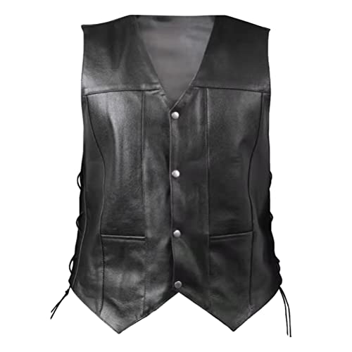 Oanviso Herren Kunstleder Weste V-Neck Knopf Gilet mit Seitlichen Schnürungen PU Lederweste Vintage Bikerweste Casual Einfarbig Ärmellose Lederweste Mittelalter Punk Fesselriemen Weste A Schwarz M von Oanviso