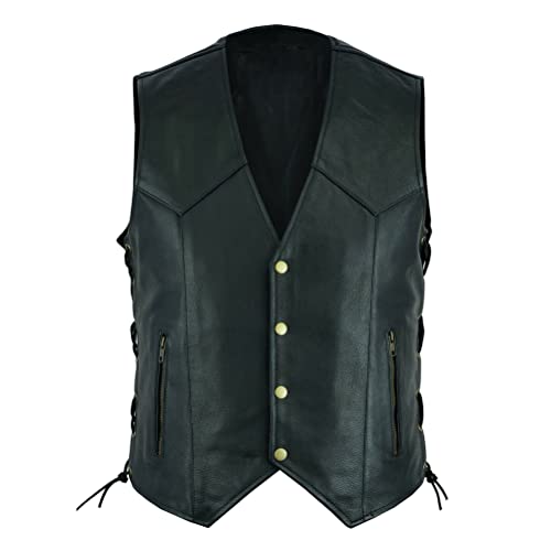 Oanviso Herren Kunstleder Weste V-Neck Knopf Gilet mit Seitlichen Schnürungen PU Lederweste Vintage Bikerweste Casual Einfarbig Ärmellose Lederweste Mittelalter Punk Fesselriemen Weste B Schwarz L von Oanviso