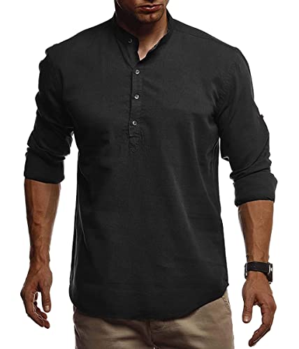 Oanviso Herren Langarm Hemd Kurze-Kragen Einfarbig Basic Henleyhemd V Ausschnitt Knopf Freizeithemden Leichte Bequem T-Shirts Business Hemd Atmungsaktive Modisch Leinenhemd für Männer A Schwarz L von Oanviso