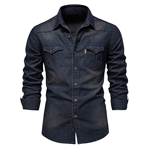 Oanviso Herren Langarm Jeanshemd Button Down Freizeithemden Revers Einfarbig Ombre Hemd Slim Fit Businesshemd Arbeitshemd Vintage Denim Hemd Bequem Verwaschenes Finish Hemd A Marineblau 3XL von Oanviso