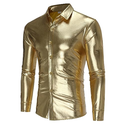 Oanviso Herren Langarmhemd 70er 80er Jahre Disco Revers Hemd Paisley Jacquard Hemd Glänzend Gestreiftes Hemd Frezeit Business Hemd Slim Fit Satin Hemd für Party Halloween Cosplay B Gold L von Oanviso