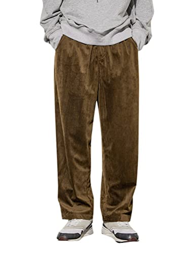 Oanviso Herren Lange Hose Freizeithose Mode Retro Cordhosen Warm Pants mit Plüschfutter Loose Dicker Cord Hosen mit Weitem Bein Herbst und Winter Klassische Basic Sporthose mit Tasche A Khaki XXL von Oanviso