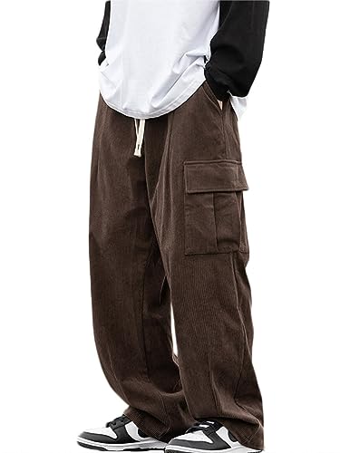 Oanviso Herren Lange Hose Freizeithose Mode Retro Cordhosen Warm Pants mit Plüschfutter Loose Dicker Cord Hosen mit Weitem Bein Herbst und Winter Klassische Basic Sporthose mit Tasche C Kaffee M von Oanviso