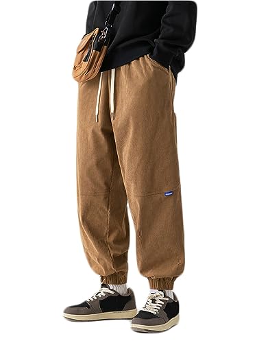 Oanviso Herren Lange Hose Freizeithose Mode Retro Cordhosen Warm Pants mit Plüschfutter Loose Dicker Cord Hosen mit Weitem Bein Herbst und Winter Klassische Basic Sporthose mit Tasche E Braun L von Oanviso