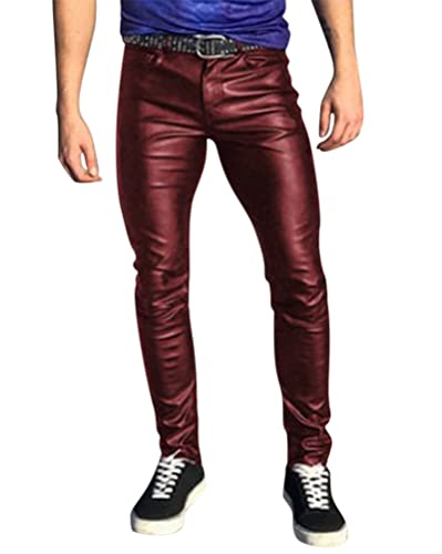 Oanviso Herren Lederhose Kunstleder Bikerhose PU-Leder Hosen Slim Fit Lange Hosen Bleistift Hose Bühnenshow Motorrad Lederhose Weich Frühling und Herbst Einfarbig Punk Leder Hosen A Dunkelrot XS von Oanviso