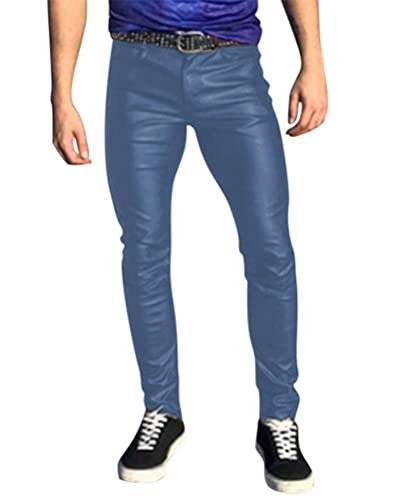 Oanviso Herren Lederhose PU Leder Bikerhose Kunstleder Hosen Slim Fit Lange Hosen Bleistift Hose Bühnenshow Motorrad Lederhose Weich Frühling und Herbst Einfarbig Punk Leder Hosen A Blau S von Oanviso