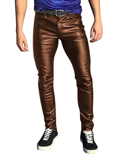 Oanviso Herren Lederhose PU Leder Bikerhose Kunstleder Hosen Slim Fit Lange Hosen Bleistift Hose Bühnenshow Motorrad Lederhose Weich Frühling und Herbst Einfarbig Punk Leder Hosen A Braun 3XL von Oanviso