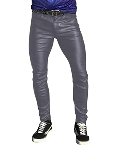 Oanviso Herren Lederhose PU Leder Bikerhose Kunstleder Hosen Slim Fit Lange Hosen Bleistift Hose Bühnenshow Motorrad Lederhose Weich Frühling und Herbst Einfarbig Punk Leder Hosen A Grau L von Oanviso