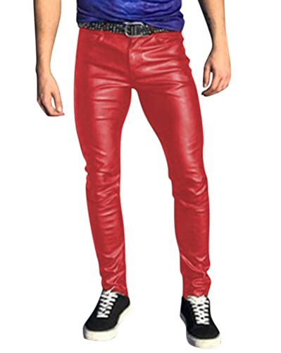 Oanviso Herren Lederhose PU Leder Bikerhose Kunstleder Hosen Slim Fit Lange Hosen Bleistift Hose Bühnenshow Motorrad Lederhose Weich Frühling und Herbst Einfarbig Punk Leder Hosen A Rot L von Oanviso