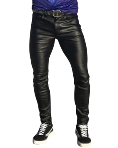 Oanviso Herren Lederhose PU Leder Bikerhose Kunstleder Hosen Slim Fit Lange Hosen Bleistift Hose Bühnenshow Motorrad Lederhose Weich Frühling und Herbst Einfarbig Punk Leder Hosen A Schwarz L von Oanviso