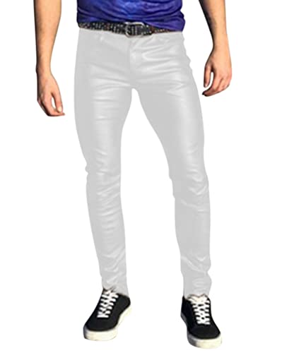 Oanviso Herren Lederhose PU Leder Bikerhose Kunstleder Hosen Slim Fit Lange Hosen Bleistift Hose Bühnenshow Motorrad Lederhose Weich Frühling und Herbst Einfarbig Punk Leder Hosen A Weiß S von Oanviso