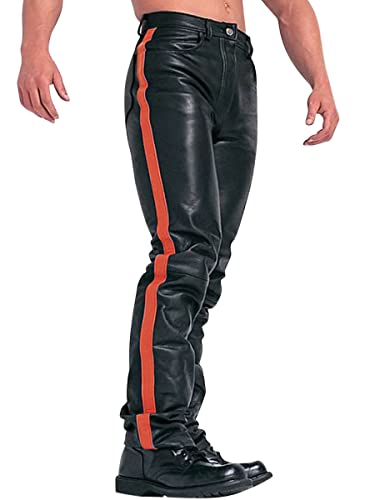 Oanviso Herren Lederhose PU Leder Bikerhose Kunstleder Hosen Slim Fit Lange Hosen Bleistift Hose Bühnenshow Motorrad Lederhose Weich Frühling und Herbst Einfarbig Punk Leder Hosen B Rot XS von Oanviso