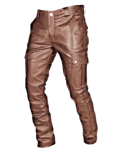 Oanviso Herren Lederhose PU Leder Bikerhose Kunstleder Hosen Slim Fit Lange Hosen Bleistift Hose Bühnenshow Motorrad Lederhose Weich Frühling und Herbst Einfarbig Punk Leder Hosen D Braun XXL von Oanviso