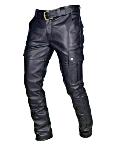 Oanviso Herren Lederhose PU Leder Bikerhose Kunstleder Hosen Slim Fit Lange Hosen Bleistift Hose Bühnenshow Motorrad Lederhose Weich Frühling und Herbst Einfarbig Punk Leder Hosen D Schwarz 3XL von Oanviso