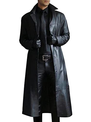 Oanviso Herren Ledermantel Langjacke Mantel Windjacke Kunstlederjacke Slim Fit Langarm Lederjacke mit Revers Herrenmantel Mode Winter Jacke Stehkragen Trenchcoat Männer Vintage Herbst A Schwarz S von Oanviso