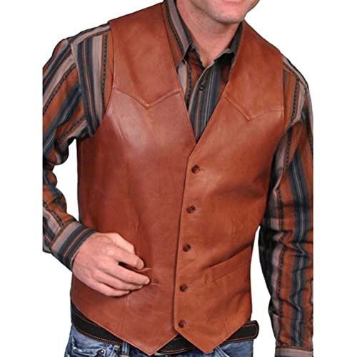 Oanviso Herren Lederweste V Ausschnitt Soft PU Motorradweste Slim Fit Geknöpft Biker Lederweste Lässig Vintage Leder Weste Classic Einfarbig PU Gilet Elegant Ärmellose Lederweste A Braun S von Oanviso