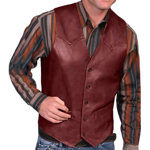 Oanviso Herren Lederweste V Ausschnitt Soft PU Motorradweste Slim Fit Geknöpft Biker Lederweste Lässig Vintage Leder Weste Classic Einfarbig PU Gilet Elegant Ärmellose Lederweste A Kaffee L von Oanviso