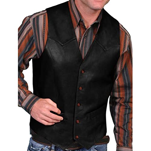 Oanviso Herren Lederweste V Ausschnitt Soft PU Motorradweste Slim Fit Geknöpft Biker Lederweste Lässig Vintage Leder Weste Classic Einfarbig PU Gilet Elegant Ärmellose Lederweste A Schwarz XXL von Oanviso