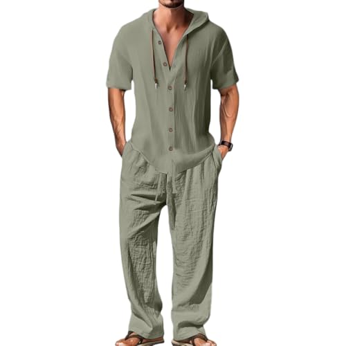 Oanviso Herren Leinen Anzug Freizeitanzug 2 Teiliges Outfit Kurzarm Hoodie Leinenhemd mit Kapuze T-Shirts + Leinenhosen Sommer Set Männer Sweatshirt und Strandhose A Armeegrün L von Oanviso