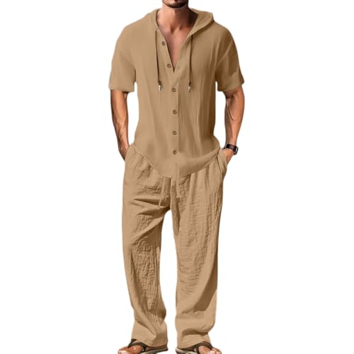 Oanviso Herren Leinen Anzug Freizeitanzug 2 Teiliges Outfit Kurzarm Hoodie Leinenhemd mit Kapuze T-Shirts + Leinenhosen Sommer Set Männer Sweatshirt und Strandhose A Dunkelgelb XXL von Oanviso