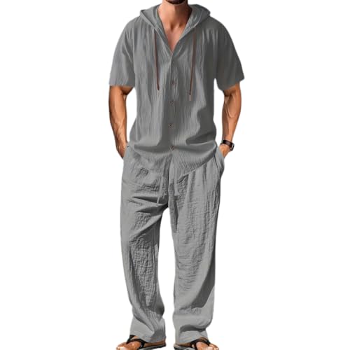 Oanviso Herren Leinen Anzug Freizeitanzug 2 Teiliges Outfit Kurzarm Hoodie Leinenhemd mit Kapuze T-Shirts + Leinenhosen Sommer Set Männer Sweatshirt und Strandhose A Grau XXL von Oanviso