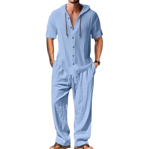 Oanviso Herren Leinen Anzug Freizeitanzug 2 Teiliges Outfit Kurzarm Hoodie Leinenhemd mit Kapuze T-Shirts + Leinenhosen Sommer Set Männer Sweatshirt und Strandhose A Hellblau XXL von Oanviso
