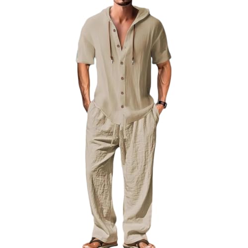 Oanviso Herren Leinen Anzug Freizeitanzug 2 Teiliges Outfit Kurzarm Hoodie Leinenhemd mit Kapuze T-Shirts + Leinenhosen Sommer Set Männer Sweatshirt und Strandhose A Khaki XXL von Oanviso