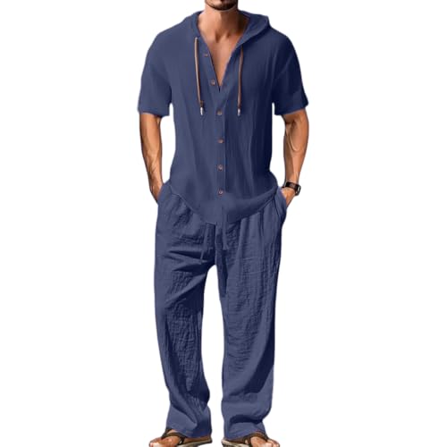 Oanviso Herren Leinen Anzug Freizeitanzug 2 Teiliges Outfit Kurzarm Hoodie Leinenhemd mit Kapuze T-Shirts + Leinenhosen Sommer Set Männer Sweatshirt und Strandhose A Marine M von Oanviso