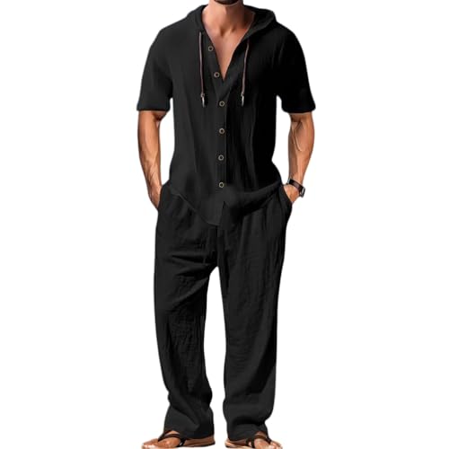 Oanviso Herren Leinen Anzug Freizeitanzug 2 Teiliges Outfit Kurzarm Hoodie Leinenhemd mit Kapuze T-Shirts + Leinenhosen Sommer Set Männer Sweatshirt und Strandhose A Schwarz XXL von Oanviso
