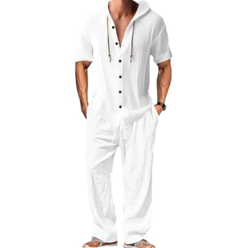 Oanviso Herren Leinen Anzug Freizeitanzug 2 Teiliges Outfit Kurzarm Hoodie Leinenhemd mit Kapuze T-Shirts + Leinenhosen Sommer Set Männer Sweatshirt und Strandhose A Weiß 3XL von Oanviso