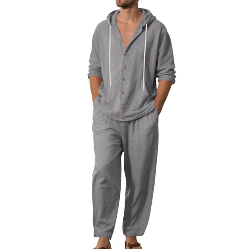 Oanviso Herren Leinen Anzug Freizeitanzug 2 Teiliges Outfit Langärm Hoodie Leinenhemd mit Kapuze T-Shirts + Leinenhosen Sommer Set Männer Sweatshirt und Strandhose B Grau XL von Oanviso