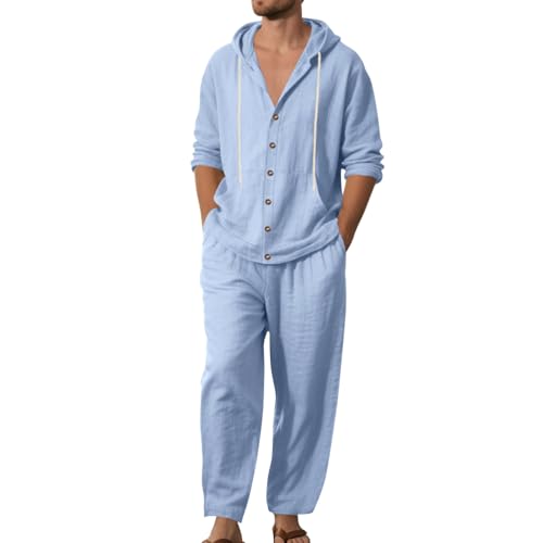 Oanviso Herren Leinen Anzug Freizeitanzug 2 Teiliges Outfit Langärm Hoodie Leinenhemd mit Kapuze T-Shirts + Leinenhosen Sommer Set Männer Sweatshirt und Strandhose B Hellblau XL von Oanviso