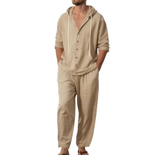 Oanviso Herren Leinen Anzug Freizeitanzug 2 Teiliges Outfit Langärm Hoodie Leinenhemd mit Kapuze T-Shirts + Leinenhosen Sommer Set Männer Sweatshirt und Strandhose B Khaki XXL von Oanviso