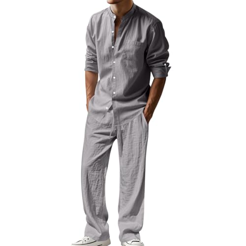 Oanviso Herren Leinen Anzug Freizeitanzug 2 Teiliges Outfit Langärm Leinenhemd Businesshemd + Leinenhosen Set Männer Strand Bluse Langärmshirt und Strandhose A Grau XL von Oanviso