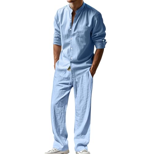 Oanviso Herren Leinen Anzug Freizeitanzug 2 Teiliges Outfit Langärm Leinenhemd Businesshemd + Leinenhosen Set Männer Strand Bluse Langärmshirt und Strandhose A Hellblau M von Oanviso