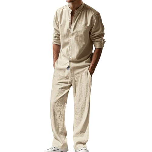Oanviso Herren Leinen Anzug Freizeitanzug 2 Teiliges Outfit Langärm Leinenhemd Businesshemd + Leinenhosen Set Männer Strand Bluse Langärmshirt und Strandhose A Khaki M von Oanviso