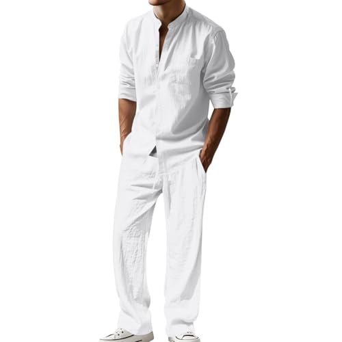 Oanviso Herren Leinen Anzug Freizeitanzug 2 Teiliges Outfit Langärm Leinenhemd Businesshemd + Leinenhosen Set Männer Strand Bluse Langärmshirt und Strandhose A Weiß XL von Oanviso