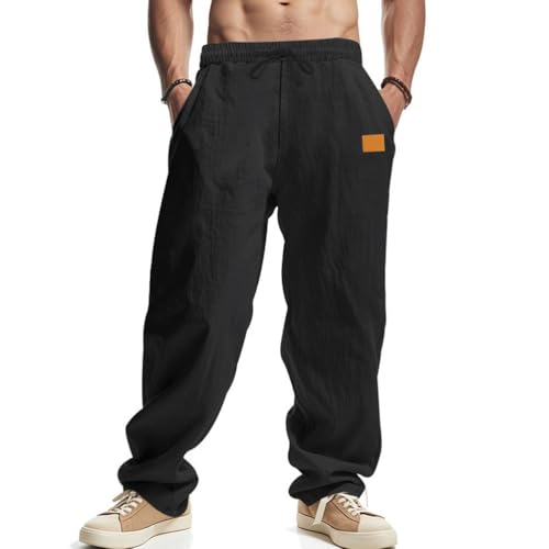 Oanviso Herren Leinen Hose Sommerhose Slim Fit Strandhose mit Kordelzug Männer Loose Weite Fitnesshosen Elastisch Sweathose Lässige Jogginghose Große Größe A Schwarz 3XL von Oanviso