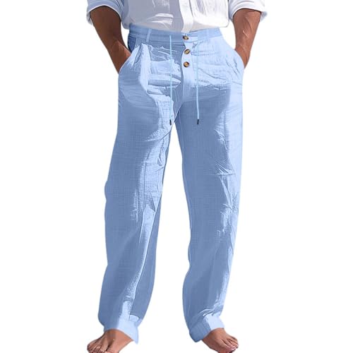 Oanviso Herren Leinen Hose Sommerhose Slim Fit Strandhose mit Kordelzug Männer Loose Weite Hosen Elastisch Sweathose Lässige Jogginghose Große Größe A Hellblau M von Oanviso