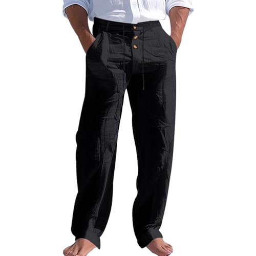 Oanviso Herren Leinen Hose Sommerhose Slim Fit Strandhose mit Kordelzug Männer Loose Weite Hosen Elastisch Sweathose Lässige Jogginghose Große Größe A Schwarz M von Oanviso