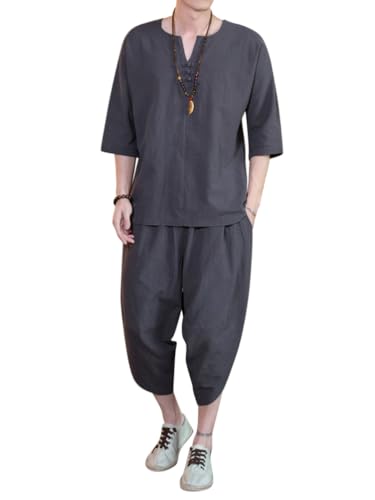 Oanviso Herren Leinenanzug Kurzarm Hemd und Kurze Hose Set Baumwolle Traditionelle Freizeitanzug Zweiteiler Kleidung Anzug Vintage Strandanzug Jogginganzug Leicht Sommeranzug A Dunkelgrau 3XL von Oanviso