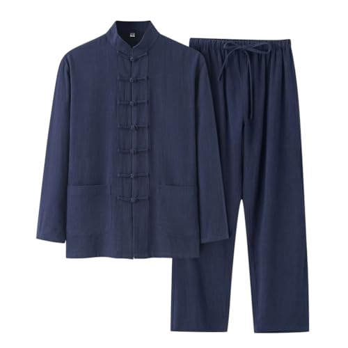 Oanviso Herren Leinenanzug Langarm Hemd und Hosen Set Traditionelle Kampfkunst Freizeitanzug Kung Fu Tai Chi Wushu Chinesische Zweiteiler Set Training Uniform Kleidung Baumwolle Anzug A Blau M von Oanviso