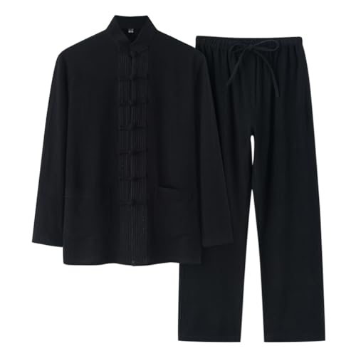 Oanviso Herren Leinenanzug Langarm Hemd und Hosen Set Traditionelle Kampfkunst Freizeitanzug Kung Fu Tai Chi Wushu Chinesische Zweiteiler Set Training Uniform Kleidung Baumwolle Anzug A Schwarz M von Oanviso