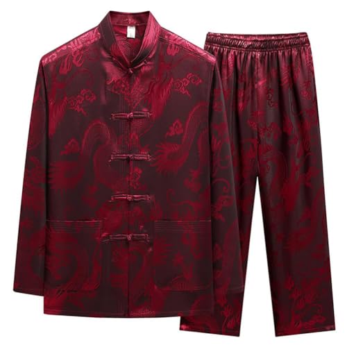 Oanviso Herren Leinenanzug Langarm Hemd und Hosen Set Traditionelle Kampfkunst Freizeitanzug Kung Fu Tai Chi Wushu Chinesische Zweiteiler Set Training Uniform Kleidung Baumwolle Anzug B Rot 3XL von Oanviso