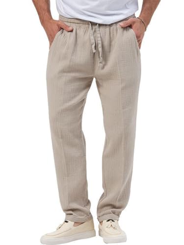 Oanviso Herren Leinenhose Einfarbig Freizeithose mit Taschen Sommerhose Elastischer Bund mit Kordelzug Hose Leicht Atmungsaktiv Strandhose Jogginghose Casual Outdoorhose A Beige M von Oanviso