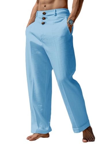 Oanviso Herren Leinenhosen Lose Weites Bein Freizeithosen Einfarbig Leichte Jogginghose Strandhose Haremshose Mit Kordelzug Basic Hosen Frühling und Sommer A Hellblau M von Oanviso