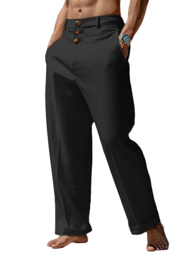 Oanviso Herren Leinenhosen Lose Weites Bein Freizeithosen Einfarbig Leichte Jogginghose Strandhose Haremshose Mit Kordelzug Basic Hosen Frühling und Sommer A Schwarz M von Oanviso